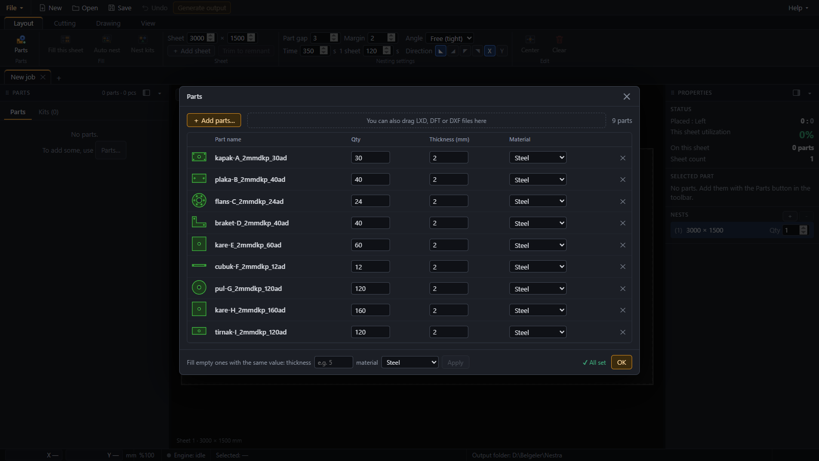 Parts window: quantity, thickness and material for each part