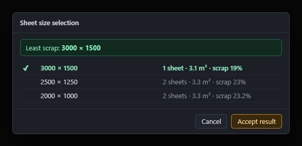 Sheet size selection: three sizes compared, the one with the least scrap is suggested